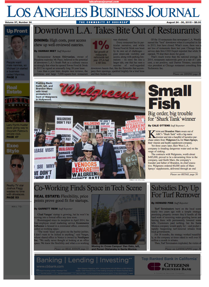 Los Angeles Business Journal coverage featuring hired protesters outside a Walgreens in Hollywood